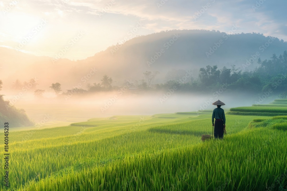 Rice cultivation in a serene countryside landscape at sunrise nature photography tranquil environment wide viewpoint harmony of agriculture Rice cultivation in a serene countryside landscape at sunrise nature photography tranquil environment wide viewpoint harmony of agriculture