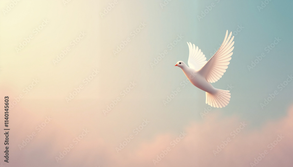 Obraz premium Elegant white dove flying against a soft pastel sky, Dove flying in sky, Peace Day 