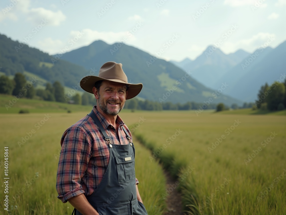 Eco farming practices are showcased in a serene landscape with a farmer smiling amidst lush fields and mountains in the background Eco farming practices are showcased in a serene landscape with a farmer smiling amidst lush fields and mountains in the background