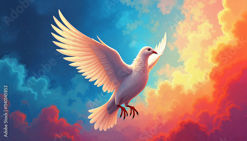 Majestic white dove soaring against a vibrant sunset,  skyDove flying in sky, Peace Day 