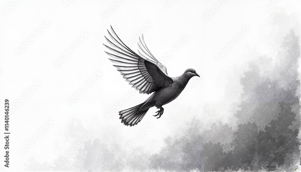 Fototapeta premium Black and white illustration of a flying bird soaring through the mist, Dove flying in sky, Peace Day 