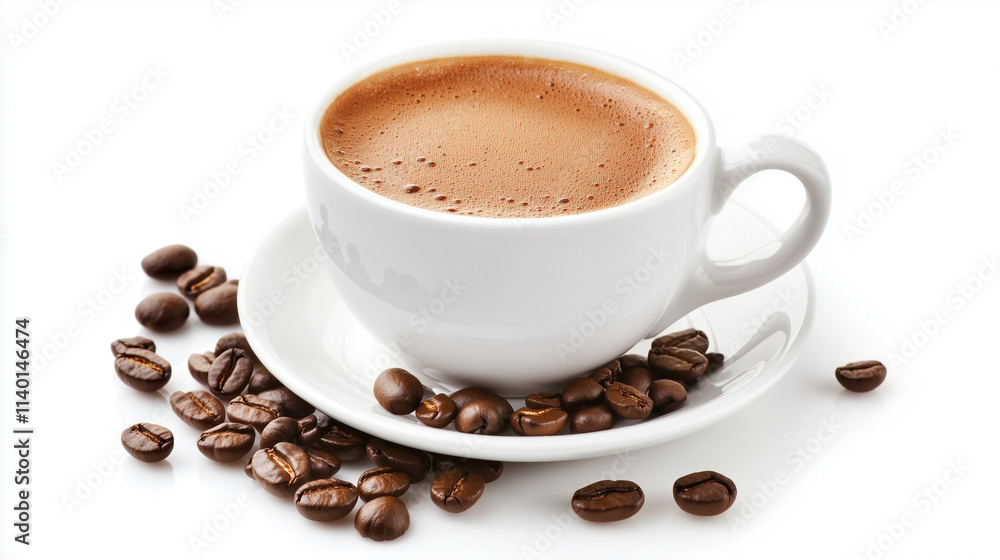 A white cup of espresso with a layer of froth, placed on a saucer and surrounded by scattered coffee beans on a white background A white cup of espresso with a layer of froth, placed on a saucer and surrounded by scattered coffee beans on a white background