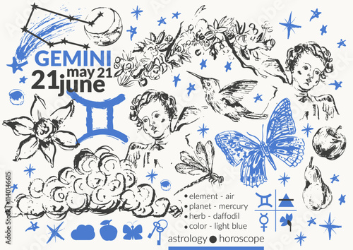 Hand drawn gemini zodiac sign illustration, horoscope background with astrology symbols and talismans.
