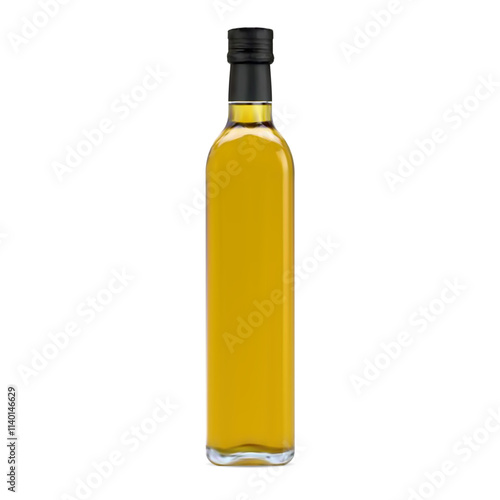 Small olive oil transparent glass bottle with cap vector mockup. Natural organic cooking oil golden glass bottle design. Extra virgin vegetarian oil container, 3d template with cap