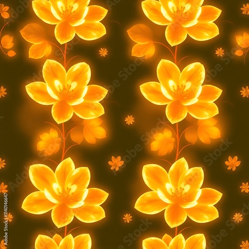 Golden Floral Symphony: An enchanting seamless pattern of luminous orange flowers on a deep teal background, perfect for textile design, wallpapers, and digital art. 