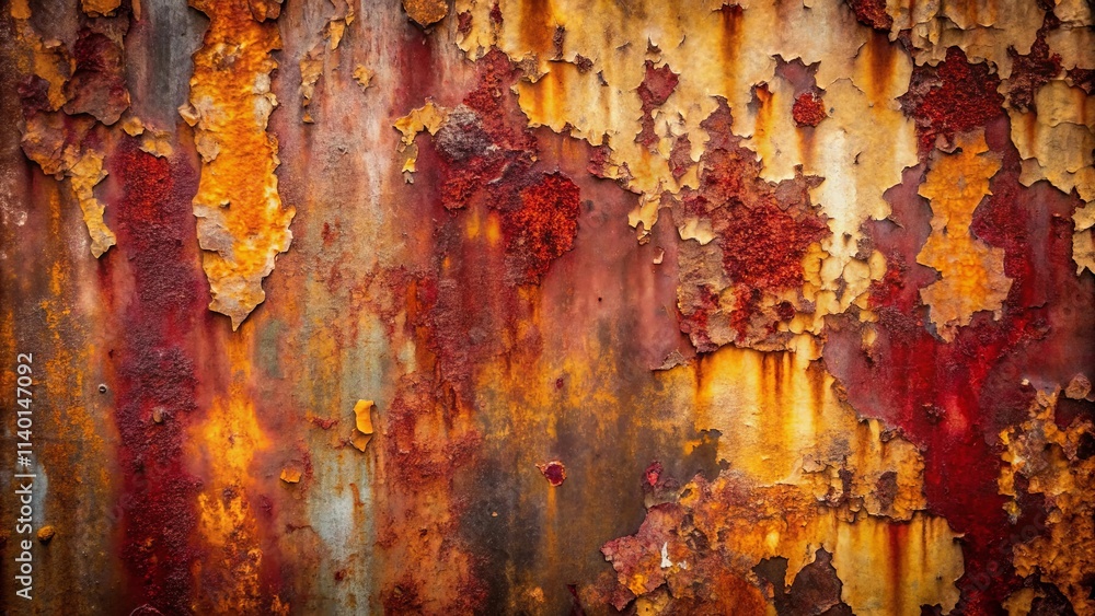 Fototapeta premium Abstract Texture of Rusted Metal Surface with Peeling Paint and Varied Hues of Red, Orange, and Brown