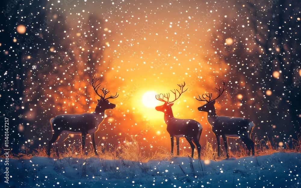 Three reindeer silhouetted against a vibrant sunset during a snowfall. Three reindeer silhouetted against a vibrant sunset during a snowfall.