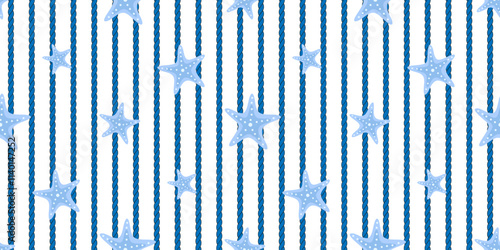 Marine rope with cute starfish seamless pattern, nautical modern style, summertime vacation concept design print background