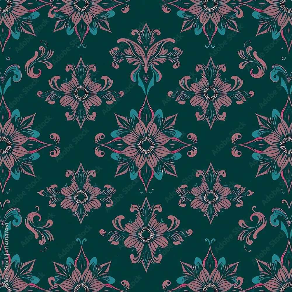 Fototapeta premium Damask Teal and Rose Seamless Pattern 