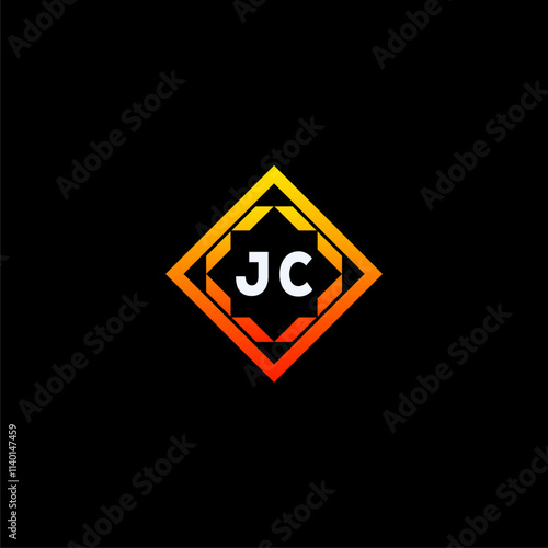 JC initials dynamic geometric logo design features a bold lettering sign in an orange and black color scheme, displayed against a dark background