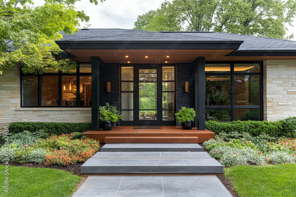 Modern house, stone facade, landscaped garden, entryway. Modern house, stone facade, landscaped garden, entryway.