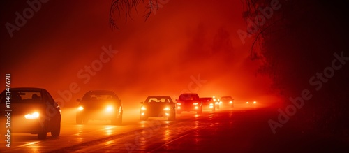 Line of Cars Escaping a Wildfire at Night With Red Glow, Concept of Danger, Emergency, and Survival