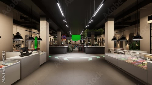 Contemporary food court with stylish counters, pendant lights, and open layout, offering an inviting dining atmosphere in industrial design.