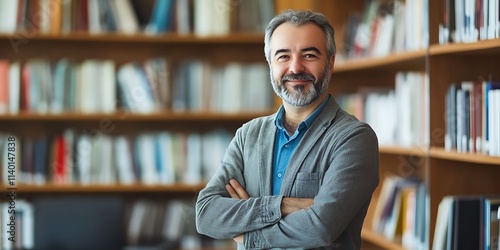 Political scientist standing proudly in a university office, exuding confidence and professionalism