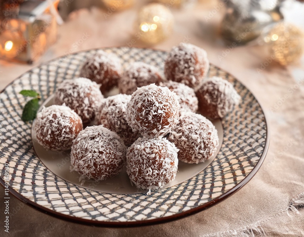 Homemade coconut. cocoa balls on Herend porcelain plate. Generated image Homemade coconut. cocoa balls on Herend porcelain plate. Generated image