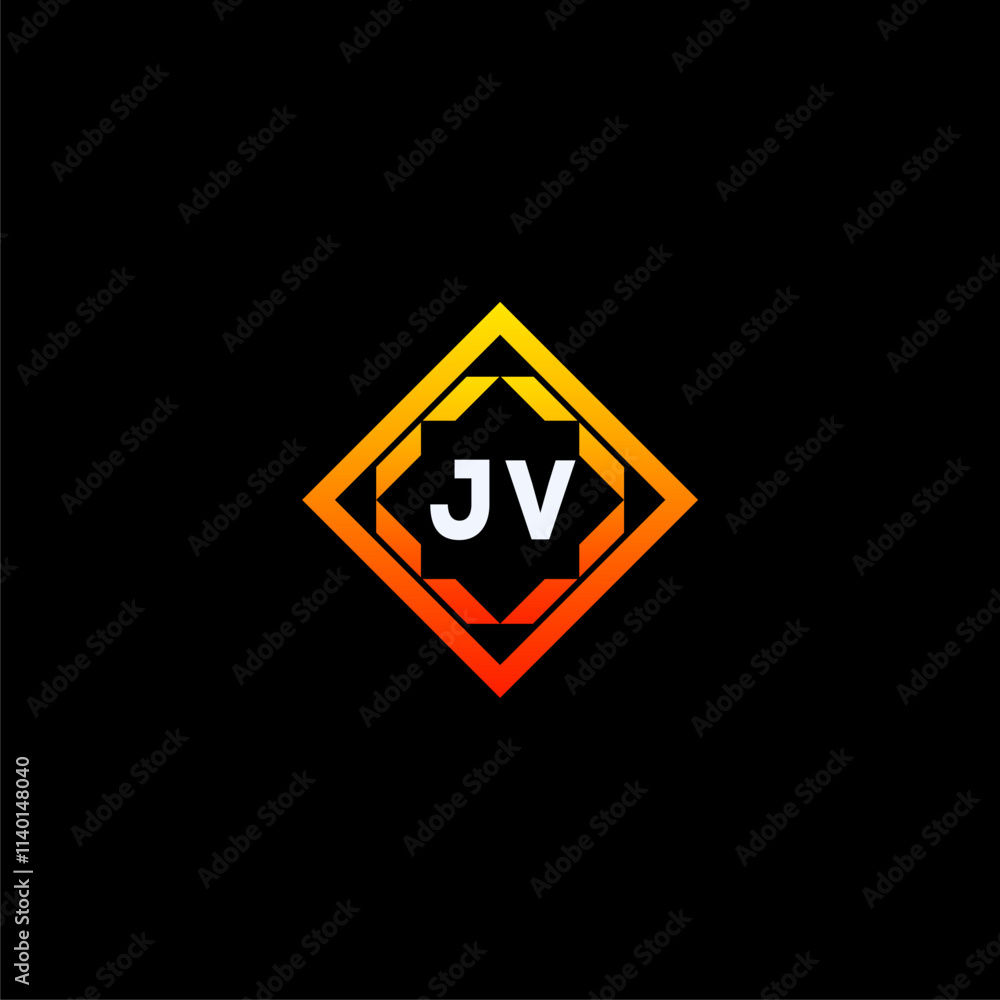 JV initials dynamic geometric logo design features a bold lettering sign in an orange and black color scheme, displayed against a dark background