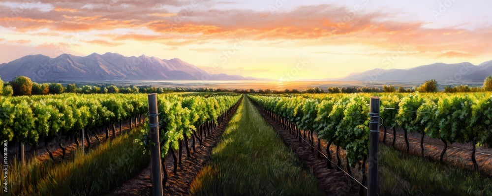 Naklejka premium Serene Vineyard Landscape Under Sunset with Majestic Mountains and Calm Waters