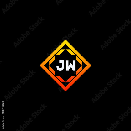 JW initials dynamic geometric logo design features a bold lettering sign in an orange and black color scheme, displayed against a dark background