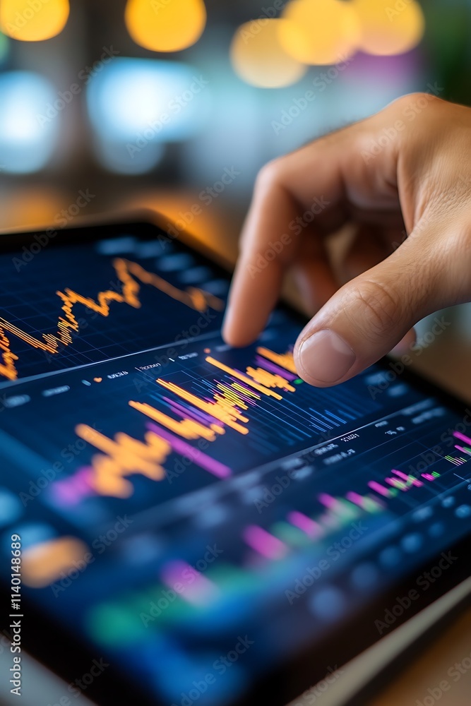 Fototapeta premium Closeup of businessman's hand with financial charts and market trends on tablet 