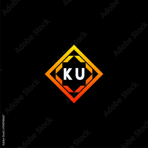 KU initials dynamic geometric logo design features a bold lettering sign in an orange and black color scheme, displayed against a dark background