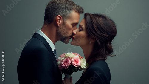 Photograph of a man in a suit kissing his girlfriend, with a bouquet hidden behind her back, against a grey background in a studio setting. 