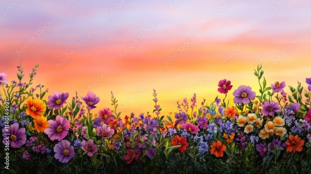 Obraz premium Vibrant Flower Field at Sunset with Colorful Blooms Against a Soft Sky