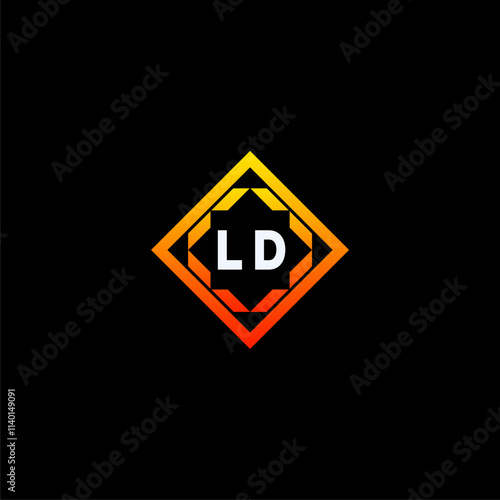 Free Download LD initials dynamic geometric logo design features a bold lettering sign in an orange and black color scheme, displayed against a dark background - GFXLoad