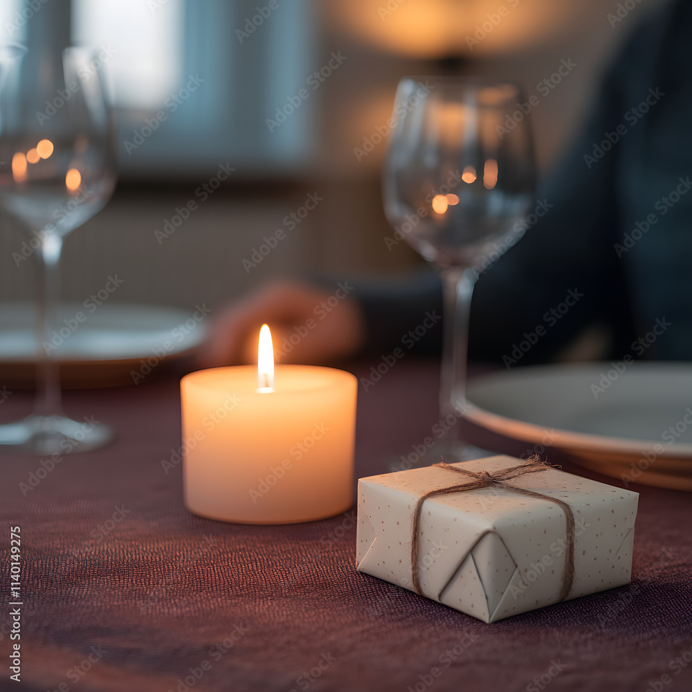 romantic dinner table with candles , wine glasses and small gift box romantic dinner table with candles , wine glasses and small gift box