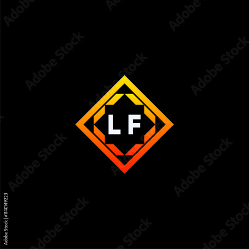 LF initials dynamic geometric logo design features a bold lettering sign in an orange and black color scheme, displayed against a dark background