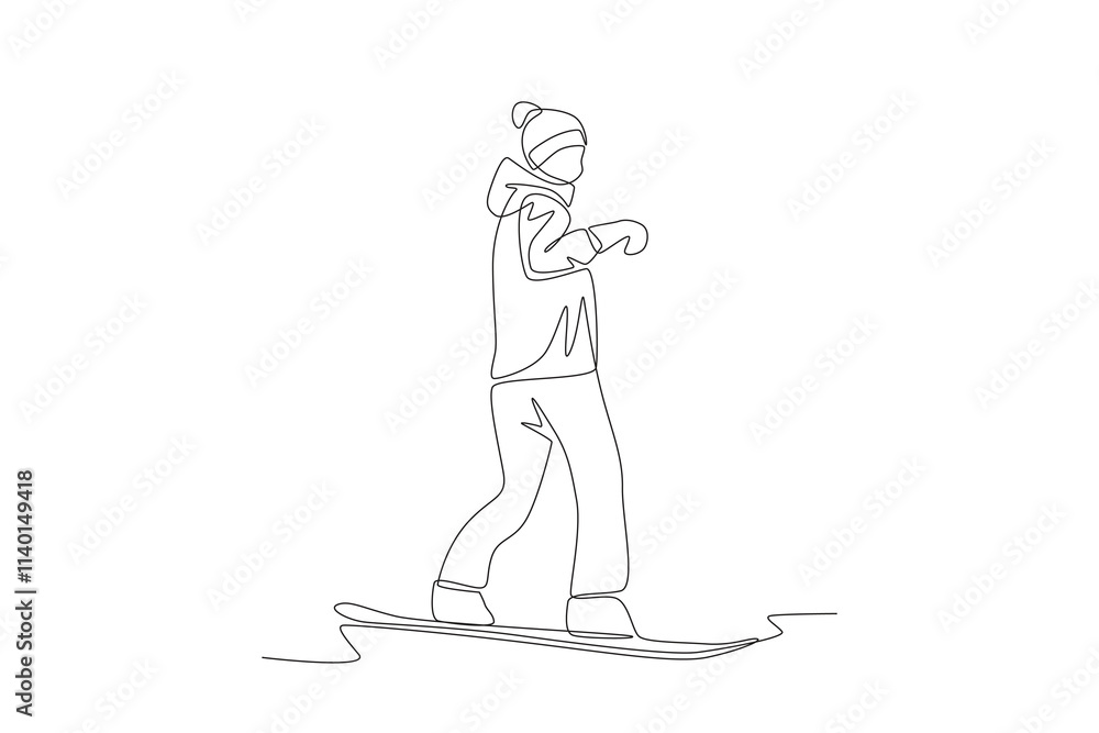 Woman playing snowboard. Winter sport concept one-line drawing Woman playing snowboard. Winter sport concept one-line drawing