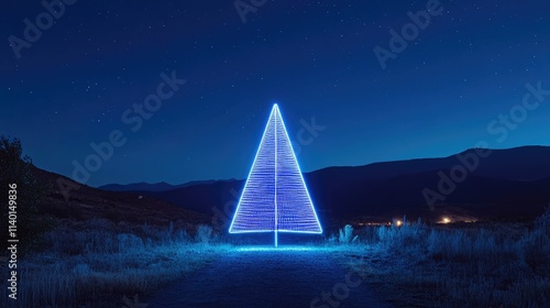 Glowing blue Christmas tree outline in a dark desert landscape at night under starry sky. photo