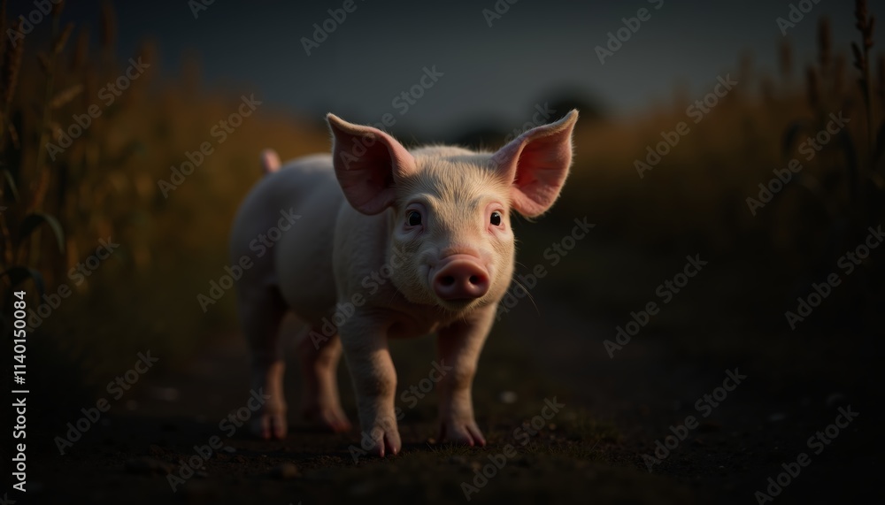 Curious piglet explores a moonlit pathway amid tall grass under the starry night sky Curious piglet explores a moonlit pathway amid tall grass under the starry night sky
