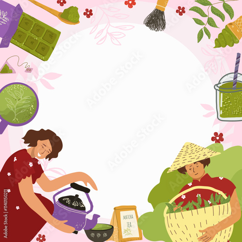 Hand drawn flat matcha tea composition