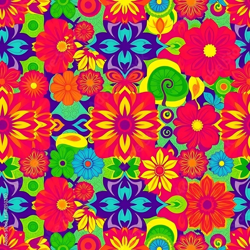 Wallpaper Mural Vibrant Floral Fiesta: A psychedelic explosion of colorful flowers in a lively, repeating pattern. Perfect for textile design, fashion, and vibrant backgrounds. Torontodigital.ca
