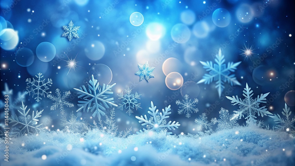 Winter Wonderland Scene Intricate Snowflakes Falling on a Snowy Landscape with Sparkling Lights and a Dreamy Blue Background. Winter Wonderland Scene Intricate Snowflakes Falling on a Snowy Landscape with Sparkling Lights and a Dreamy Blue Background.