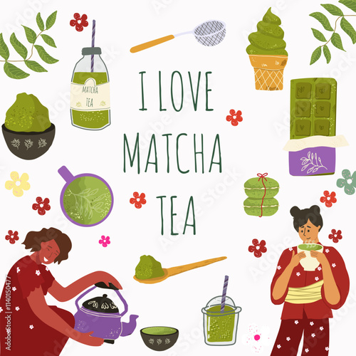 Hand drawn flat matcha tea composition with text