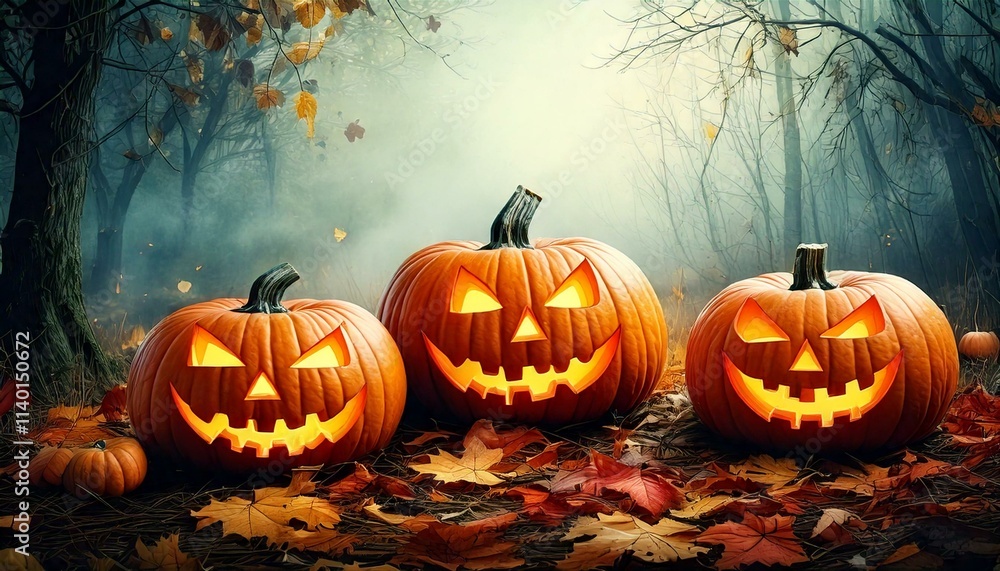 Watercolor Halloween pumpkins with carved faces, surrounded by leaves and mist with empty copy space Watercolor Halloween pumpkins with carved faces, surrounded by leaves and mist with empty copy space