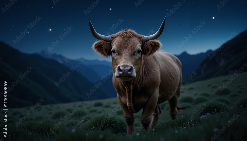 Naklejka premium Cows grazing peacefully under a starlit sky amidst the serene mountainside at night