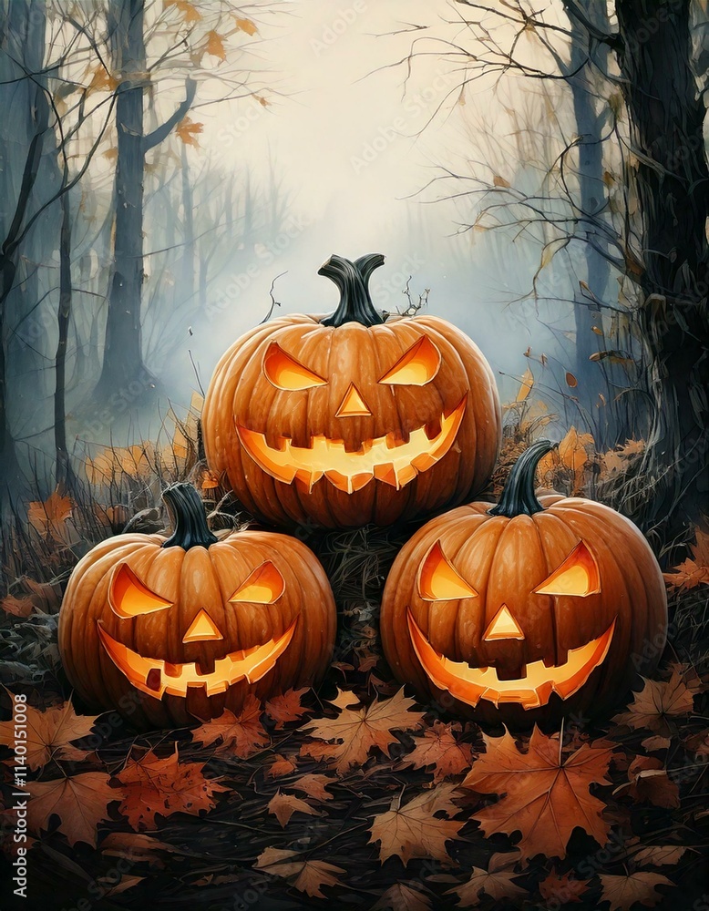 Watercolor Halloween pumpkins with carved faces, surrounded by leaves and mist with empty copy space Watercolor Halloween pumpkins with carved faces, surrounded by leaves and mist with empty copy space