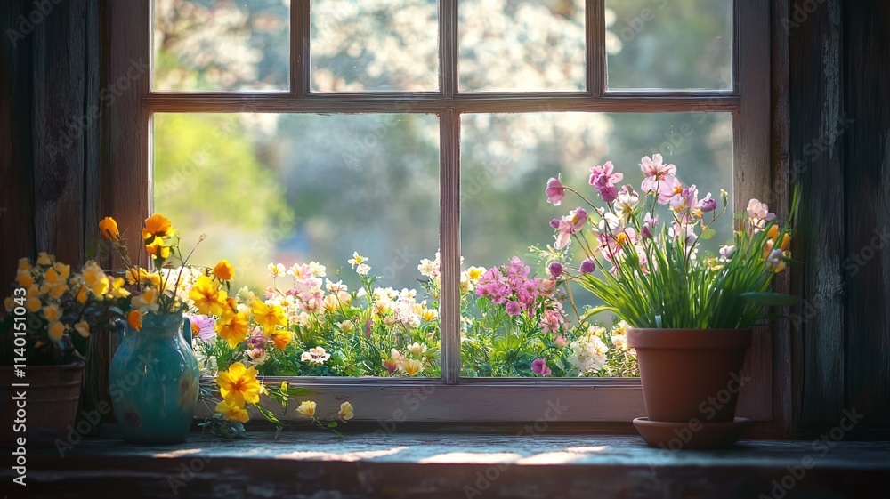 a window in spring time with beautiful floral on the outside and pot of flowers on the window side a window in spring time with beautiful floral on the outside and pot of flowers on the window side