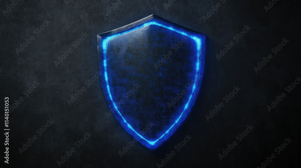 Glowing dark blue shield on dark background. Glowing dark blue shield on dark background.