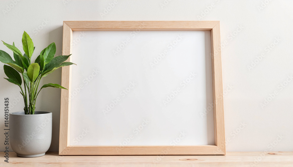 Wooden frame with blank canvas and potted plant on table for copy space Wooden frame with blank canvas and potted plant on table for copy space