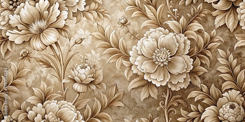 Wallpaper Mural Elegant Sepia Floral Tapestry Design Featuring Large and Small Blooms, Intricate Leaf Details, and a Subtle Textured Background Torontodigital.ca
