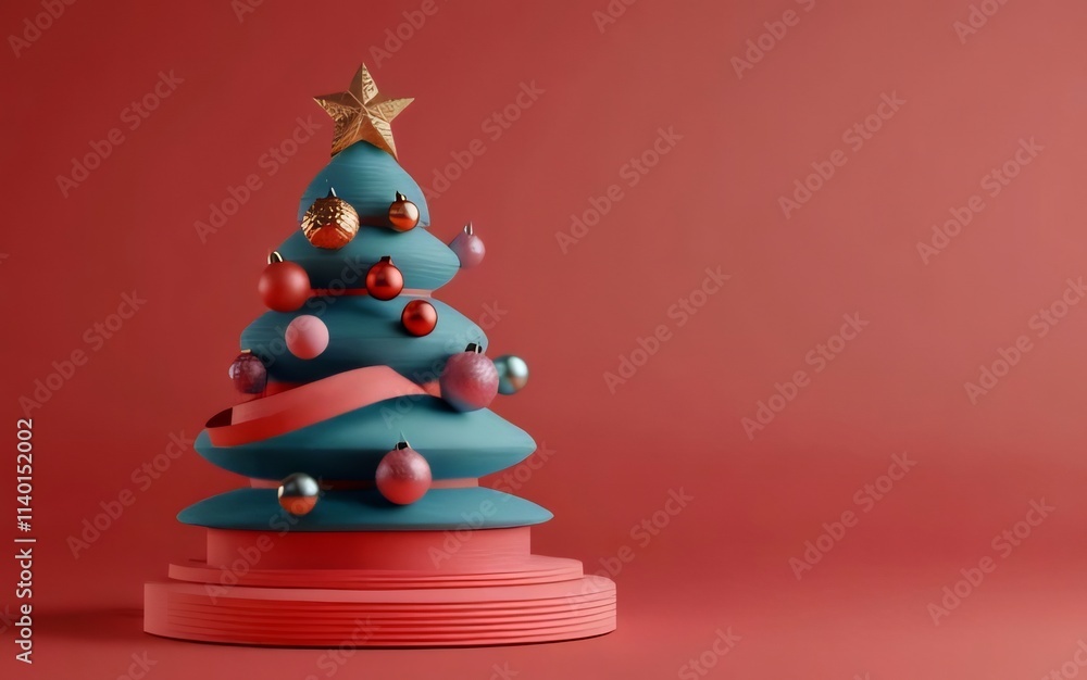 Teal Christmas tree with ornaments and ribbon on red background. Teal Christmas tree with ornaments and ribbon on red background.