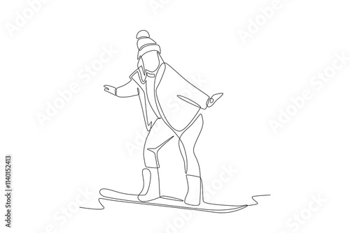 Woman playing snowboard. Winter sport concept one-line drawing