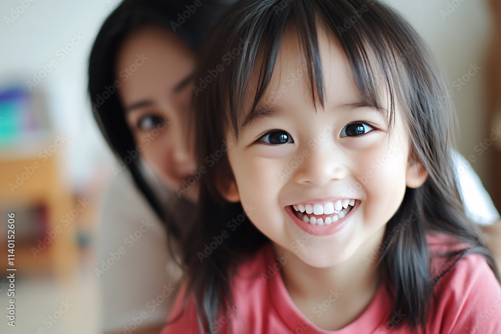 A joyful child smiles brightly with an adult in the background. A joyful child smiles brightly with an adult in the background.