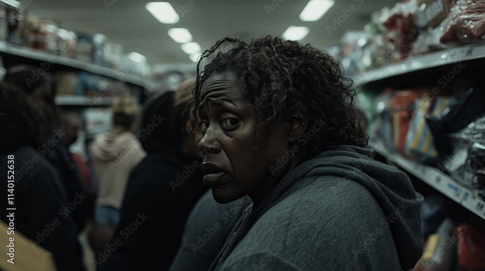 A woman with curly hair looks over her shoulder in a grocery store aisle. A woman with curly hair looks over her shoulder in a grocery store aisle.