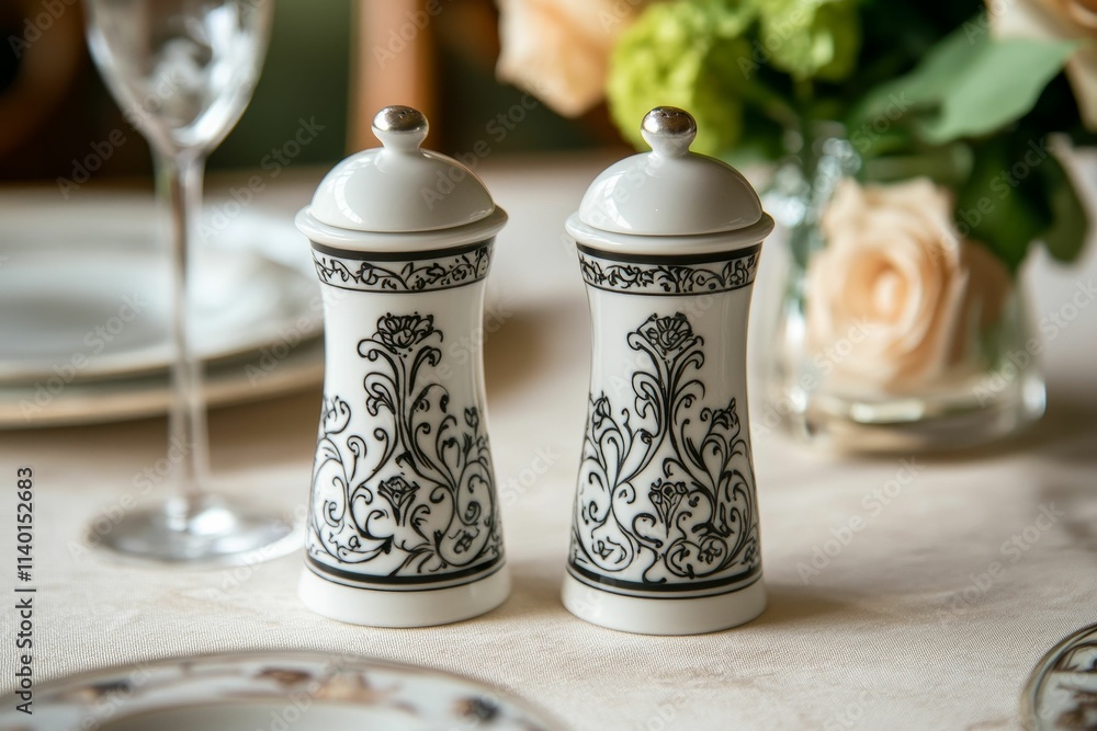 Ornate, porcelain spice containers; elegant, table setting. Ornate, porcelain spice containers; elegant, table setting.