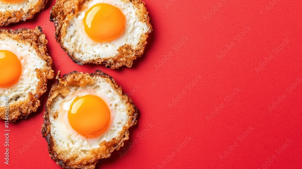 Crispy Fried Eggs on a Bright Red Background with Texture and Color Crispy Fried Eggs on a Bright Red Background with Texture and Color