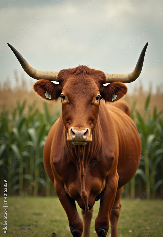 Cattle grazing in a sustainable agriculture setting amidst lush cornfields under a cloudy sky Cattle grazing in a sustainable agriculture setting amidst lush cornfields under a cloudy sky